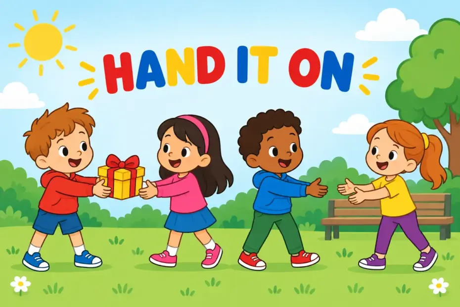 Cartoon children form a line and pass on a wrapped parcel from hand to hand, showing pass on in a sentence.