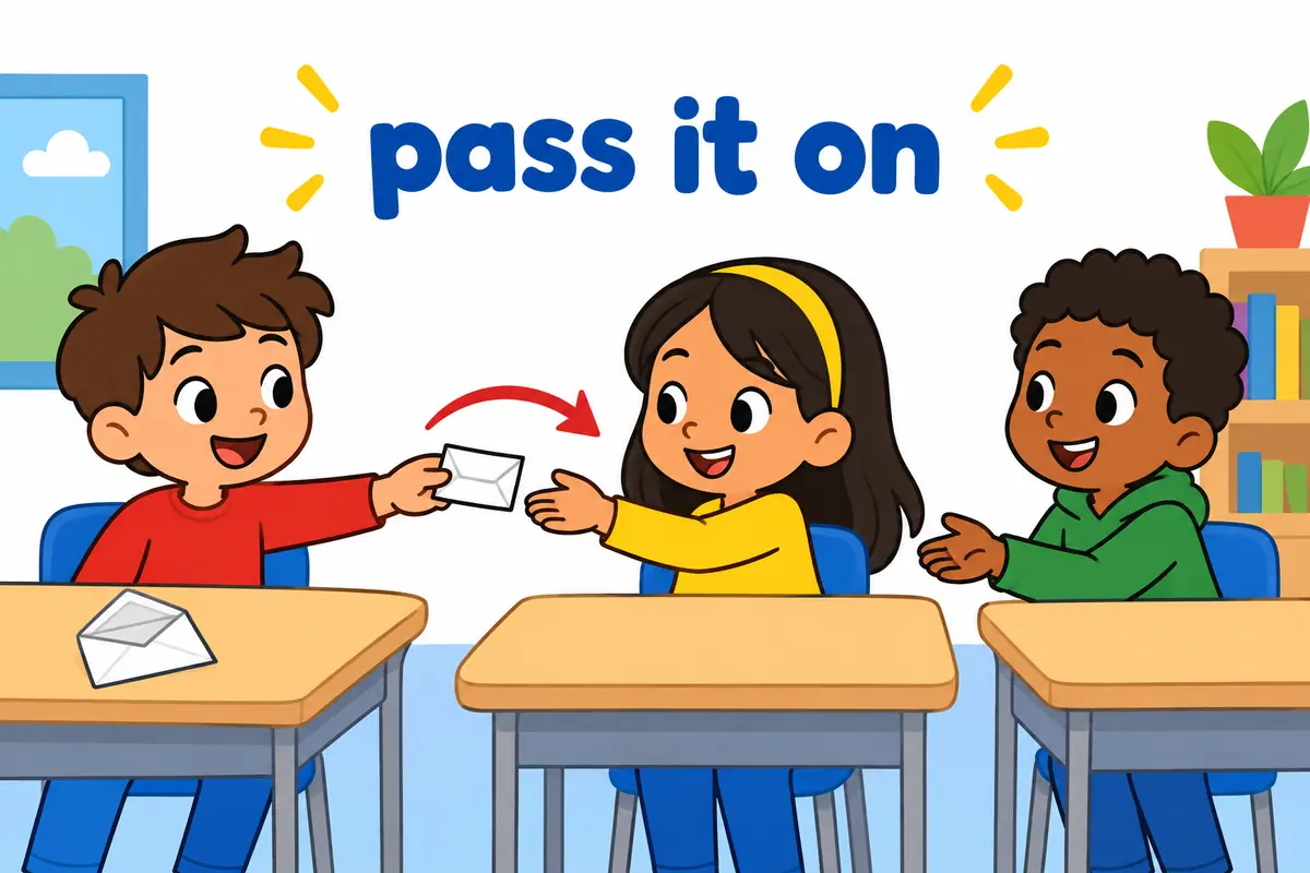 A cartoon child receives a folded note and hands it along a line of friends, with the note shown moving from hand to hand.