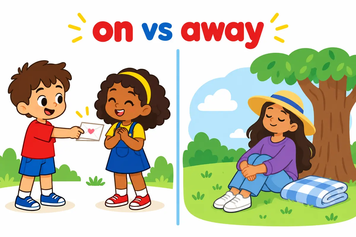 A cartoon split scene shows a child handing a note to a friend on one side and a calm older figure resting under a tree on the other.
