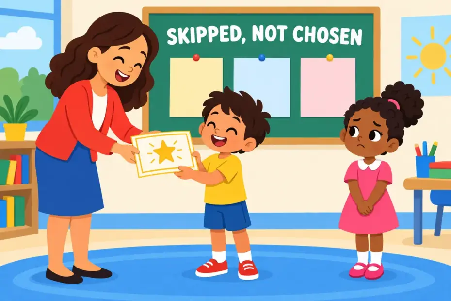 Cartoon child watches a certificate given to a classmate, illustrating pass over in a sentence as being skipped.