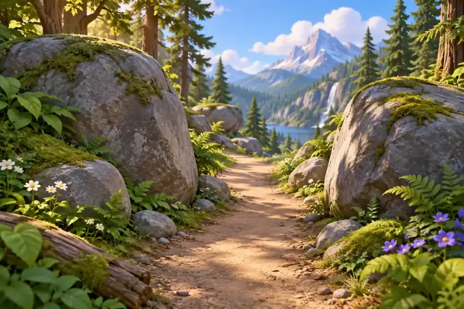 A cleared footpath passes between rocks in a forest.
