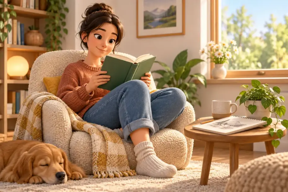 A person relaxes in a sunny reading nook with a book and a small sketchpad nearby.