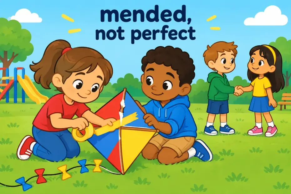 Cartoon children tape a torn kite beside two friends shaking hands, showing patch up in a sentence as quick repair.