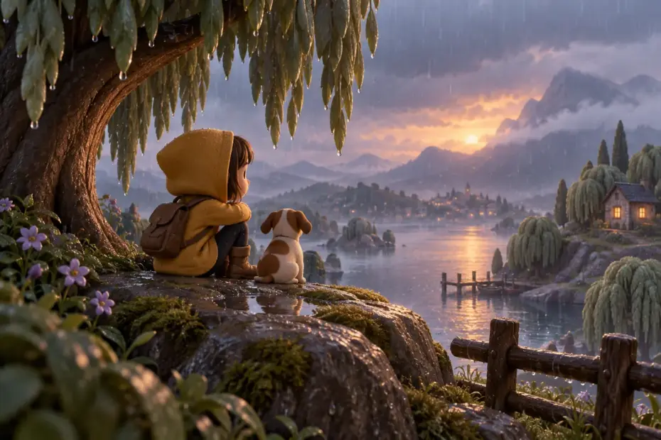 Rain clouds hang over a story landscape beside a thoughtful character.