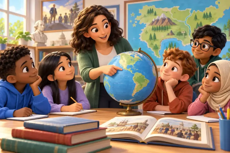 Students learn about their country’s history with a teacher using a globe and illustrated map.
