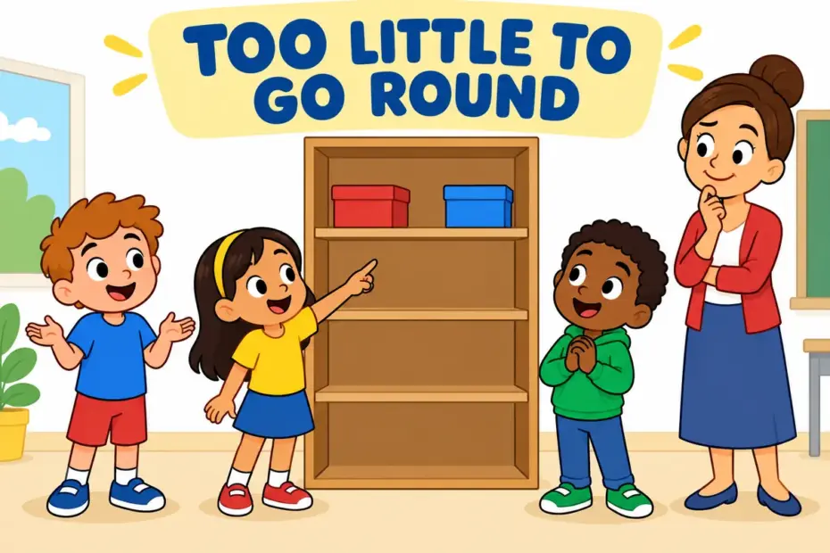 Cartoon children look at a nearly empty classroom supply shelf, illustrating paucity in a sentence as a shortage.