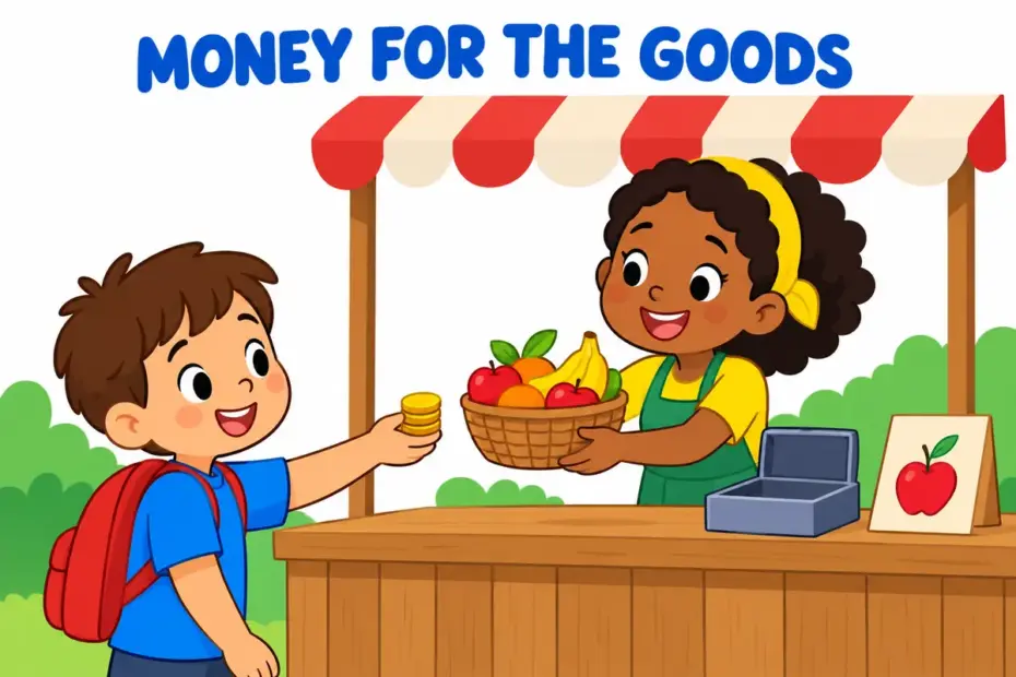 Cartoon children exchange coins for goods at a stall, showing pay for in a sentence as giving money to buy something.