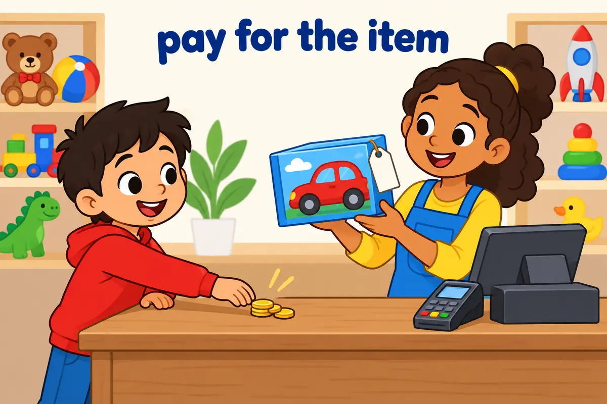 A cartoon child hands coins across a counter for a toy, showing pay for in a sentence with the amount before for and the item after it.