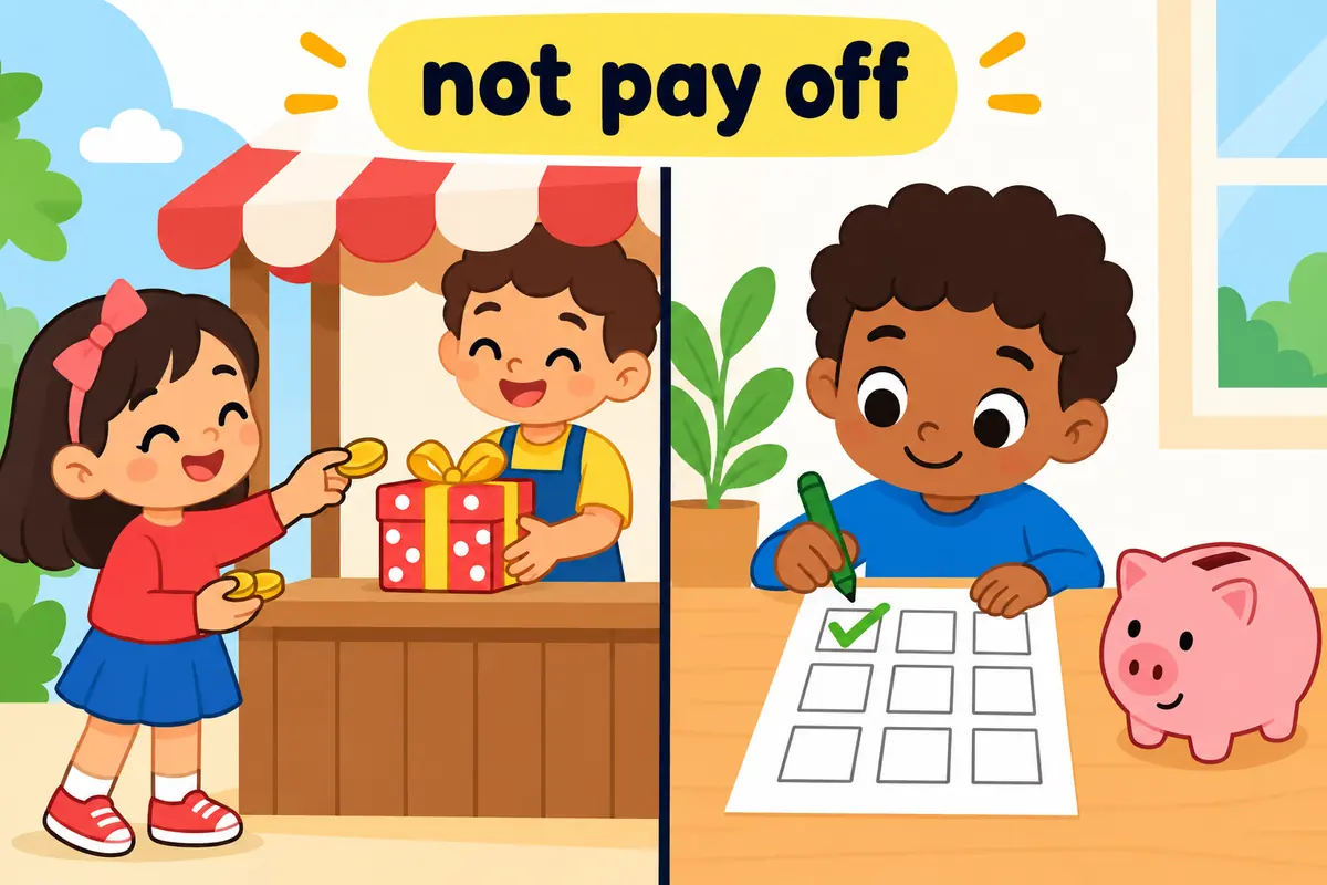 A cartoon split scene contrasts a child buying a toy with coins against a child marking a loan sheet as finished.