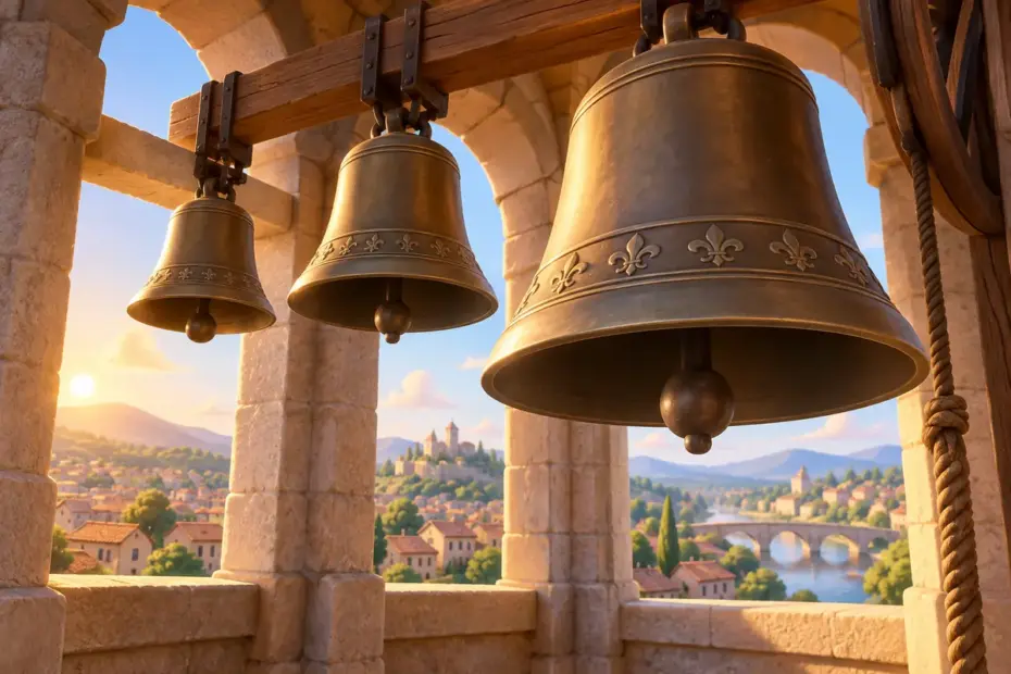 Bells hanging in a town tower.