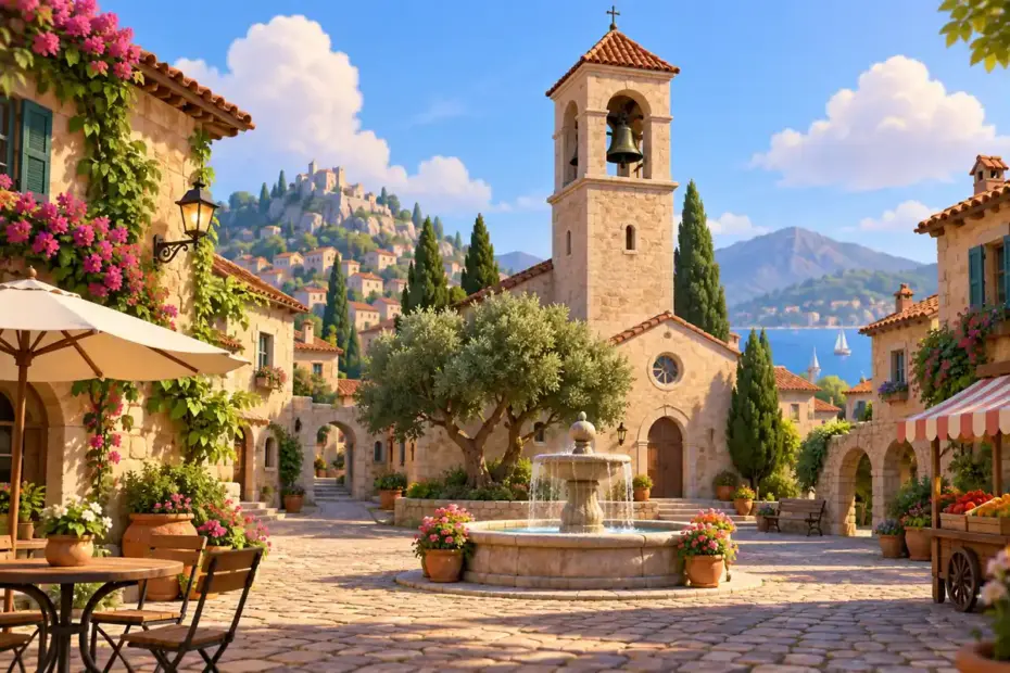 A bell tower stands above a village square.