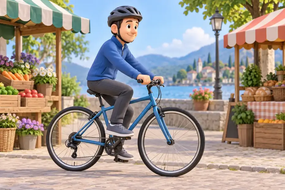 A cyclist pushes the pedals on a bicycle beside a market.