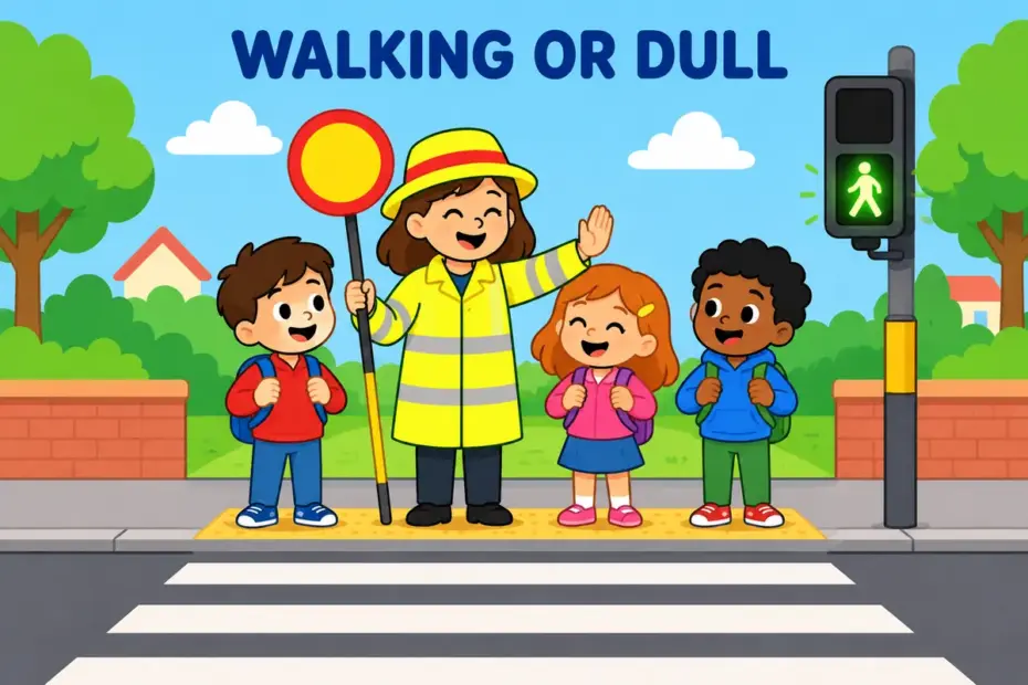 Cartoon children cross a road at a pedestrian crossing, showing pedestrian in a sentence as a person on foot.