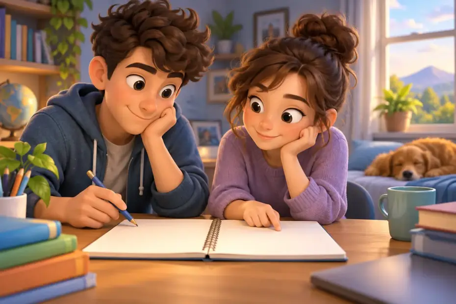 Two students review blank notebook pages at a desk.