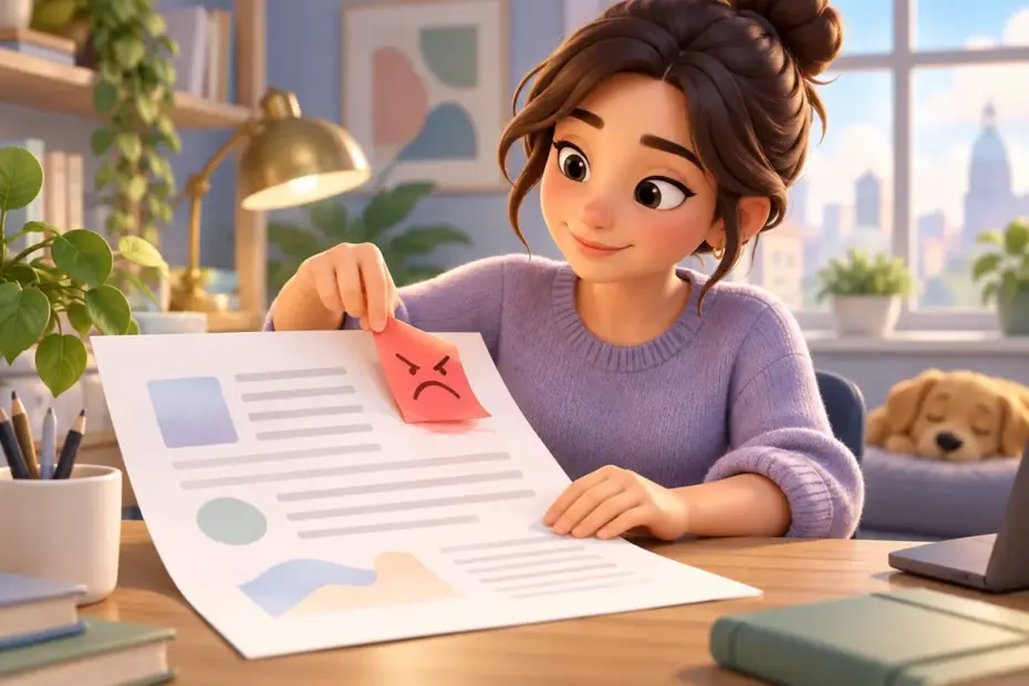 An editor examines an abstract document and gently removes a harsh-looking annotation.