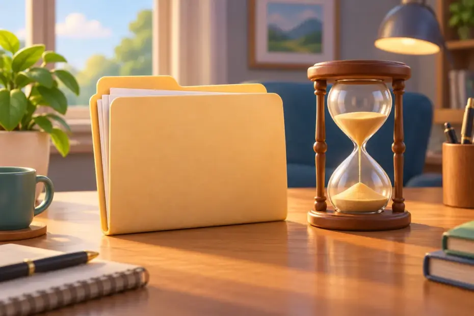 A folder resting on a desk beside an hourglass.
