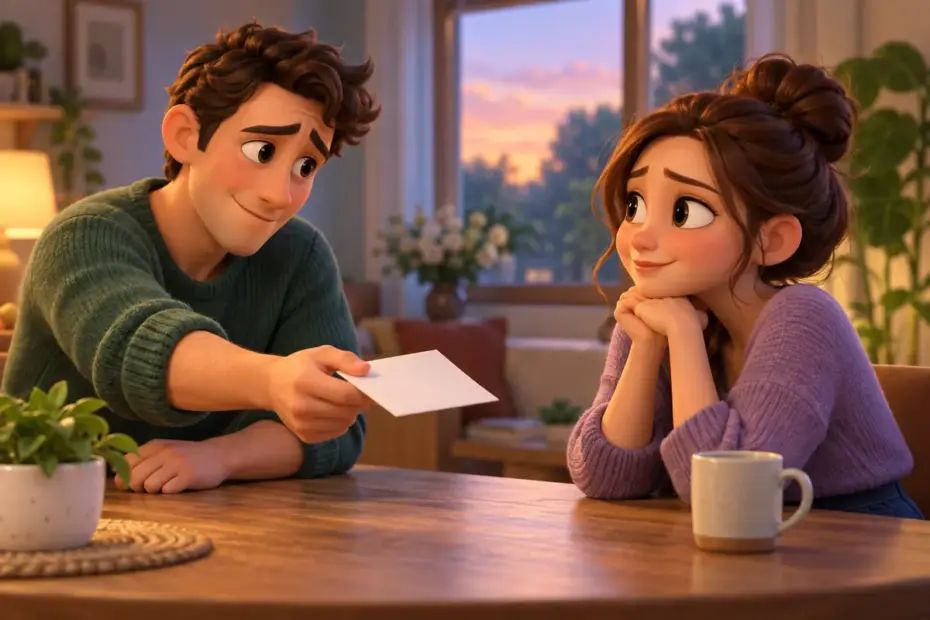 A person offers a plain note across a table.