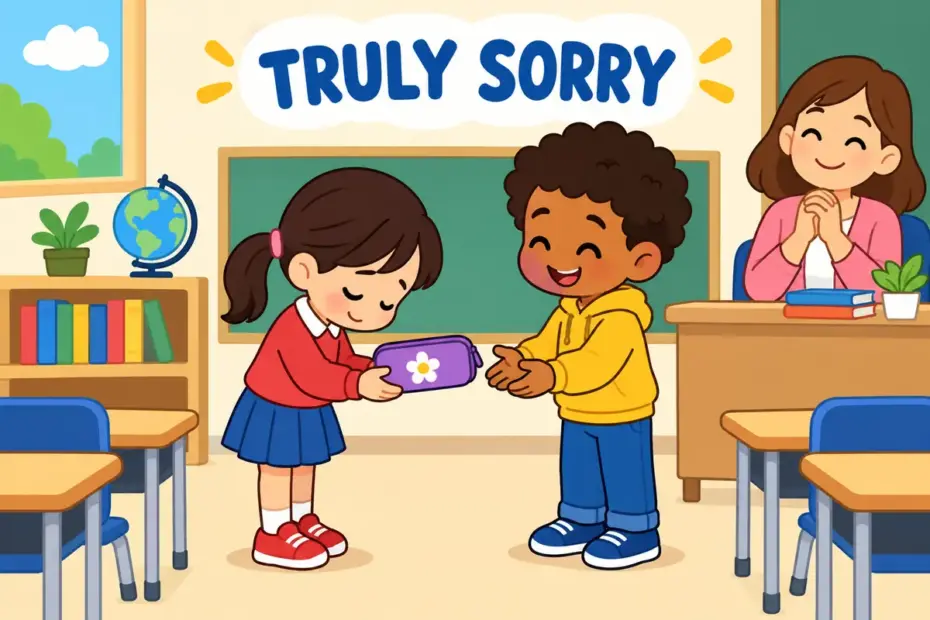 Cartoon child returns a borrowed item with a bowed head and an open hand, showing penitent in a sentence as honest remorse.