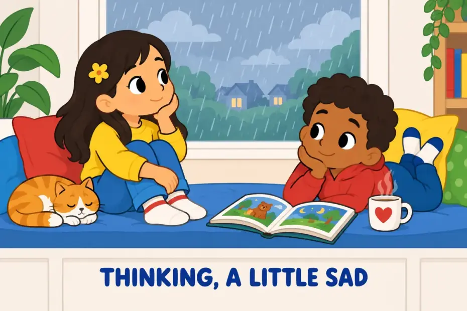 Cartoon children sit quietly by a window lost in thought, showing pensive in a sentence as a gentle, thoughtful mood.