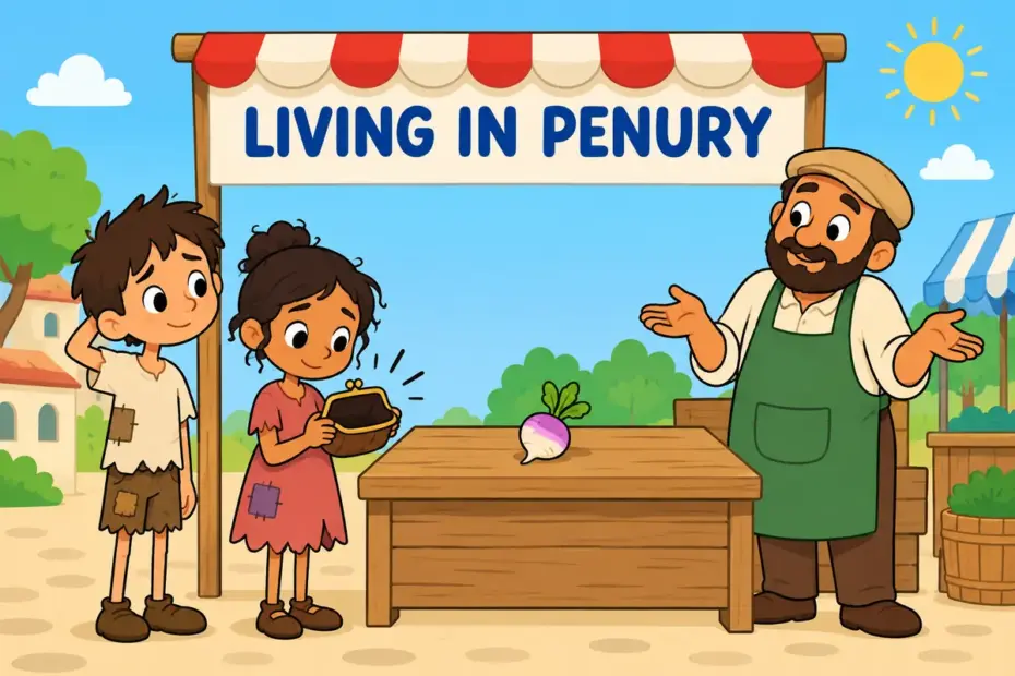 Cartoon children stand beside an empty market stall, illustrating penury in a sentence as extreme poverty.