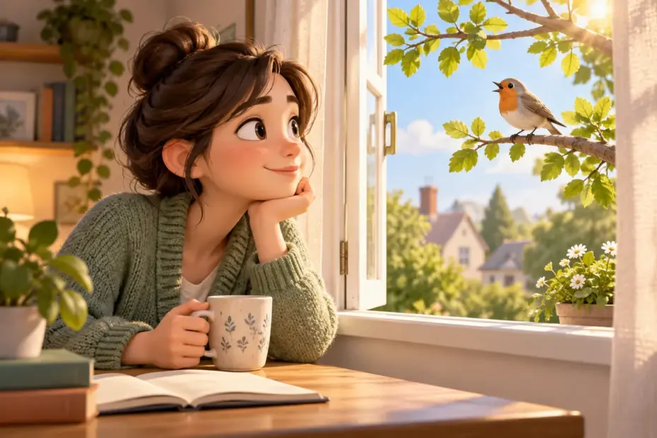 A person looks through an open window toward a small bird.