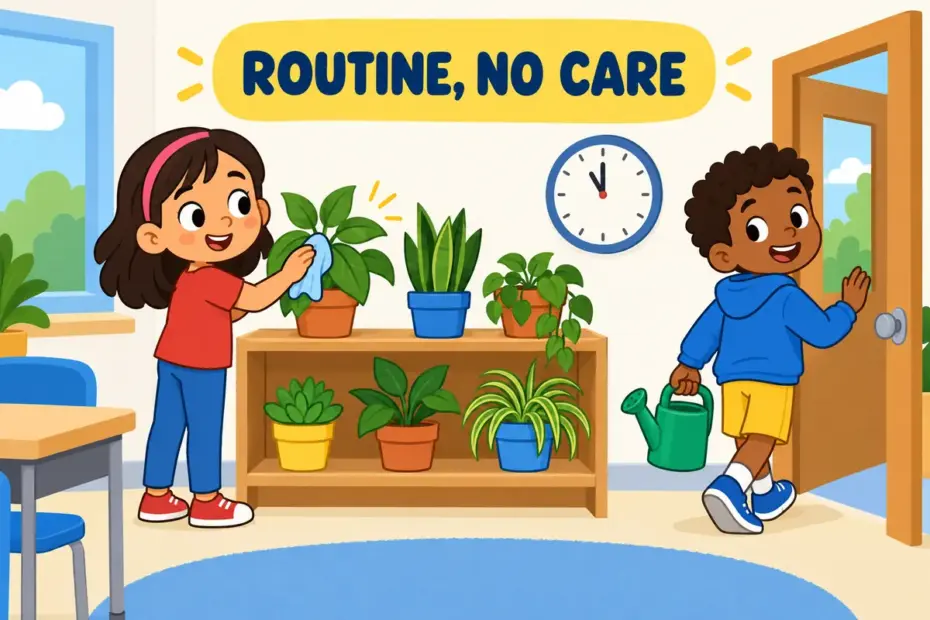 Cartoon pupils give a plant a hurried wipe, showing perfunctory in a sentence as a routine job done without care.