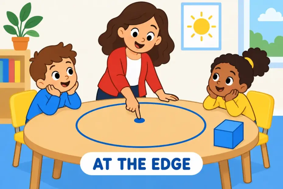 Cartoon pupils sit near the edge of a circle while a teacher points at the centre, showing peripheral in a sentence.