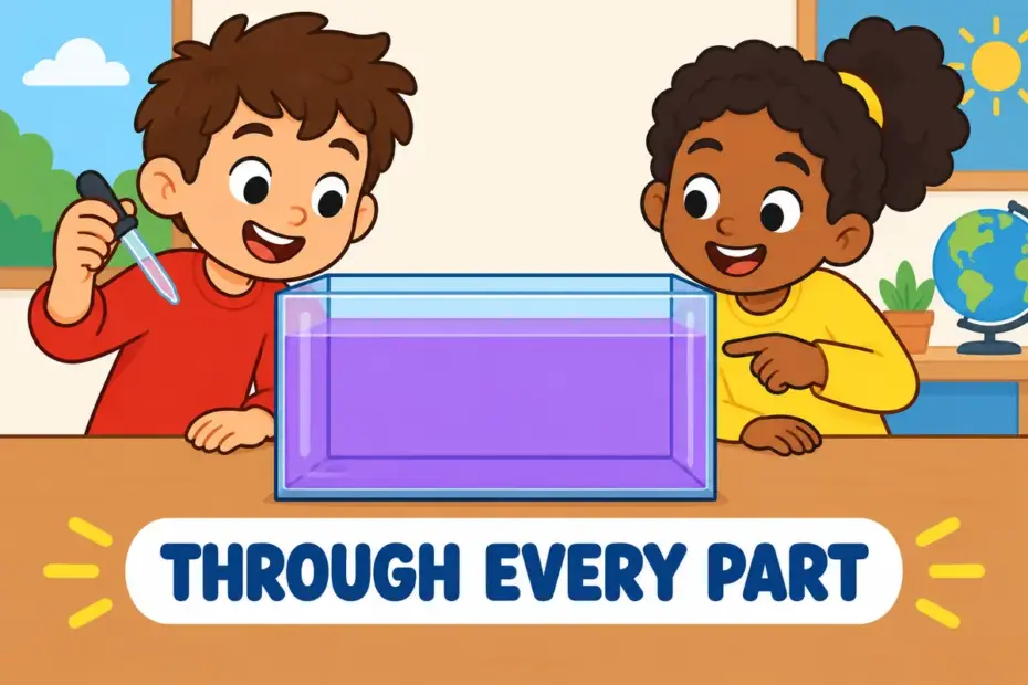 Cartoon children watch colour spread through a clear water tank, showing permeate in a sentence as filling every part.