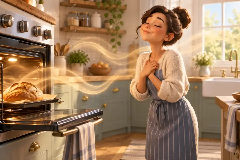 The aroma of warm bread drifts through a bright kitchen from an open oven.