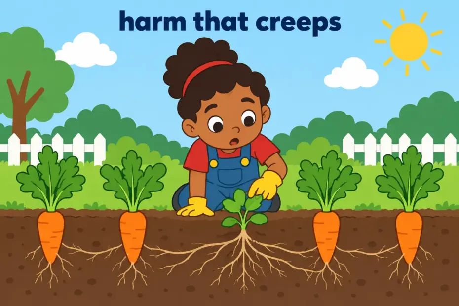 A hidden weed slowly damages a garden, illustrating pernicious in a sentence as subtly harmful over time.