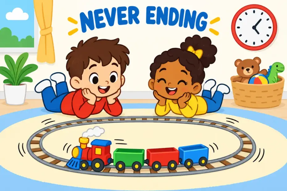 Cartoon children watch an endless loop of a toy train, showing perpetual in a sentence as something that never ends.
