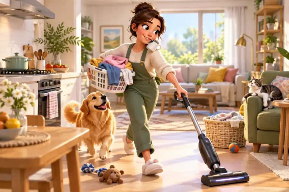 A busy person moves between household tasks in a bright lively room.