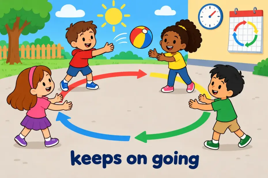 Cartoon children pass a ball around a loop without stopping, showing perpetuate in a sentence as keeping something going.