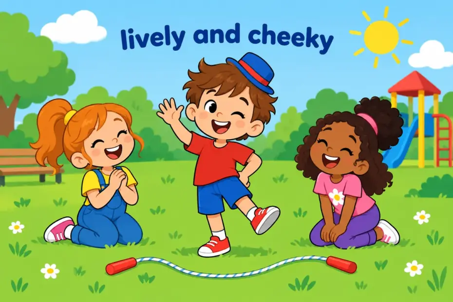 Cartoon child grins in a small neat hat, showing pert in a sentence as lively, cheerful charm with a hint of cheek.