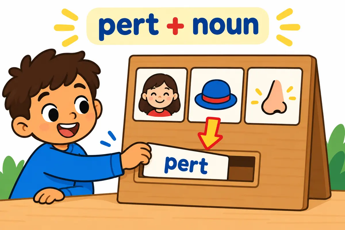 A cartoon card slots the word pert in front of pictures of a smiling face, a small hat and a nose.