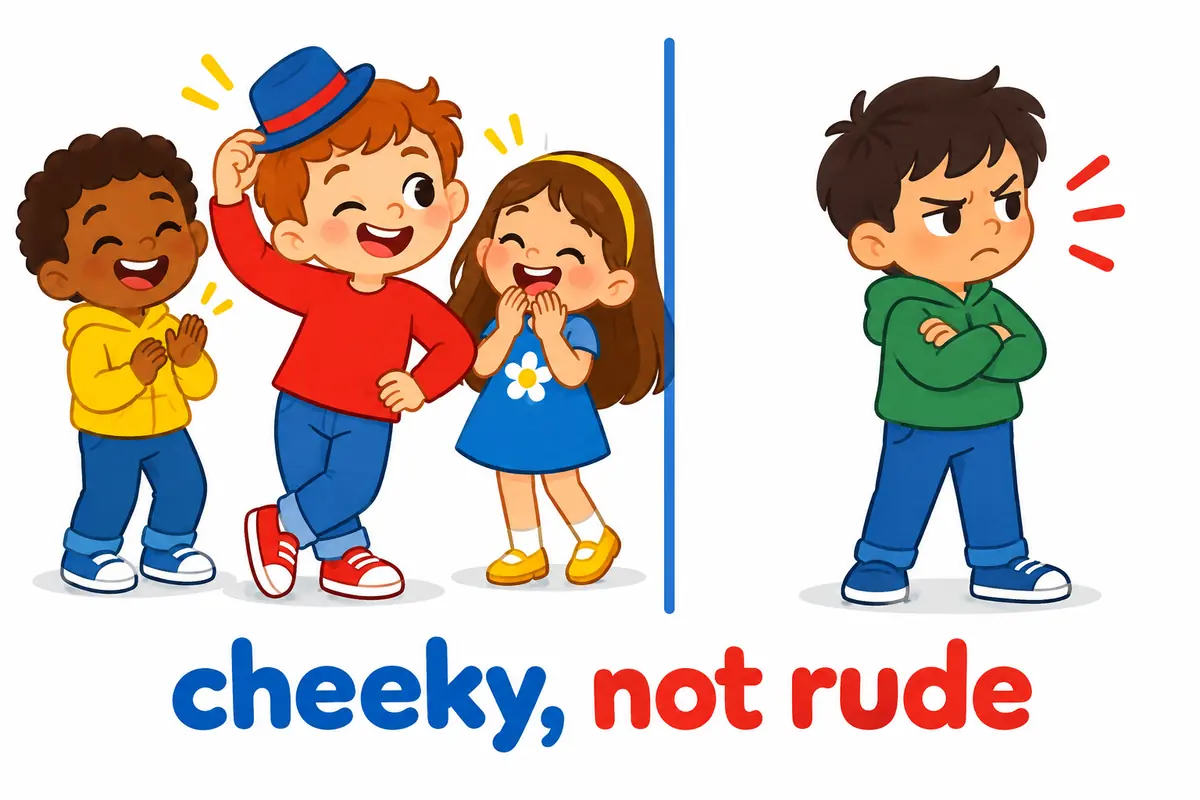 A cartoon split scene contrasts a pert, cheeky child with a rude, scowling child so the charm boundary is clear.