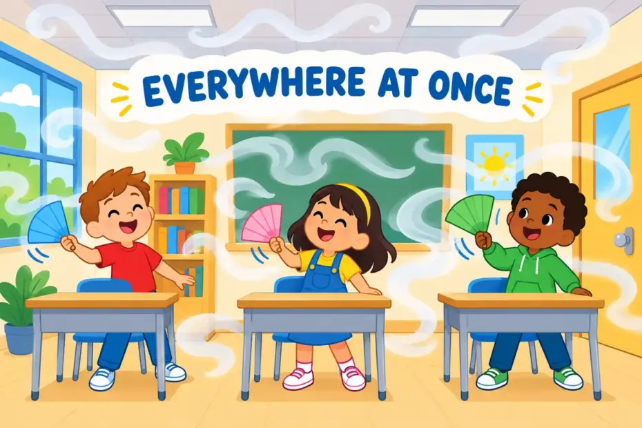 Cartoon children wave away a haze that fills every corner of a room, showing pervasive in a sentence as spreading everywhere.