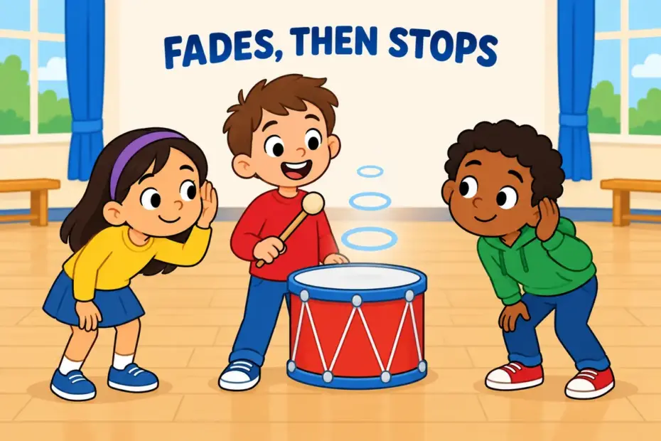 Cartoon children listen as a drumroll peters out to silence, showing peter out in a sentence as a gradual fade.