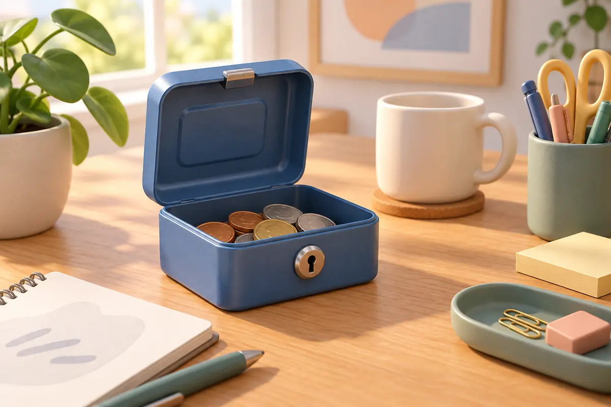 A cash box with coins for minor office expenses.
