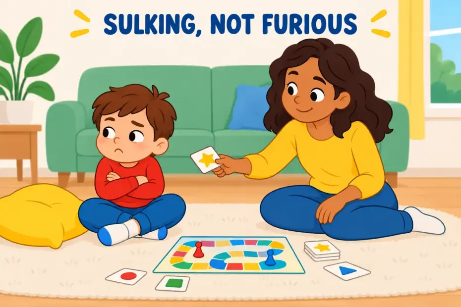 Cartoon child folds arms and pouts beside a board game, showing petulant in a sentence as sulky disappointment.