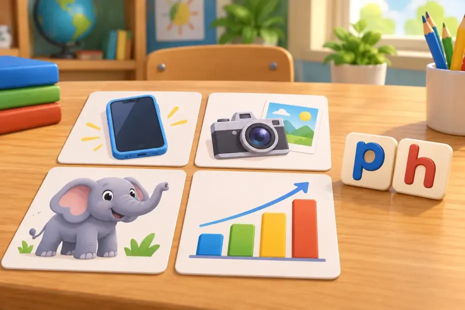 A child sorts picture cards showing a phone, a photo, an elephant, and a graph to find the shared ph spelling.
