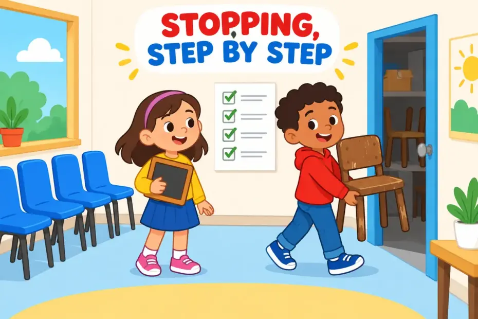 Cartoon pupils carry old classroom equipment away one item at a time, showing phase out in a sentence as a gradual change.