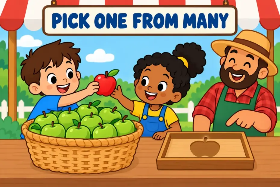 Cartoon children pick out one red apple from a full basket, showing pick out in a sentence as choosing from a group.