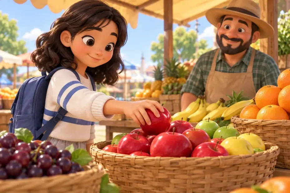 A student chooses a red apple from a basket of colorful fruit at a bright market stall.