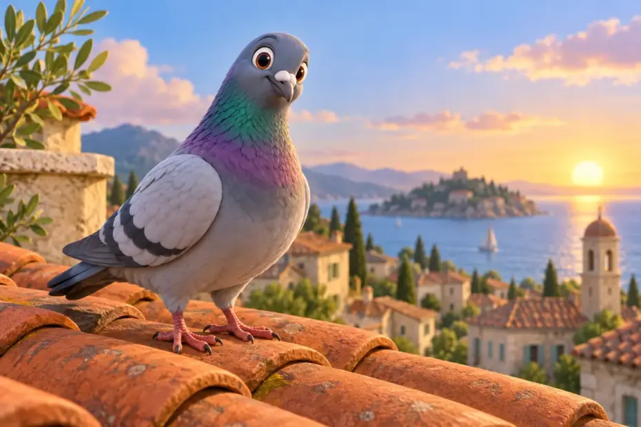 A pigeon stands on a tiled roof.
