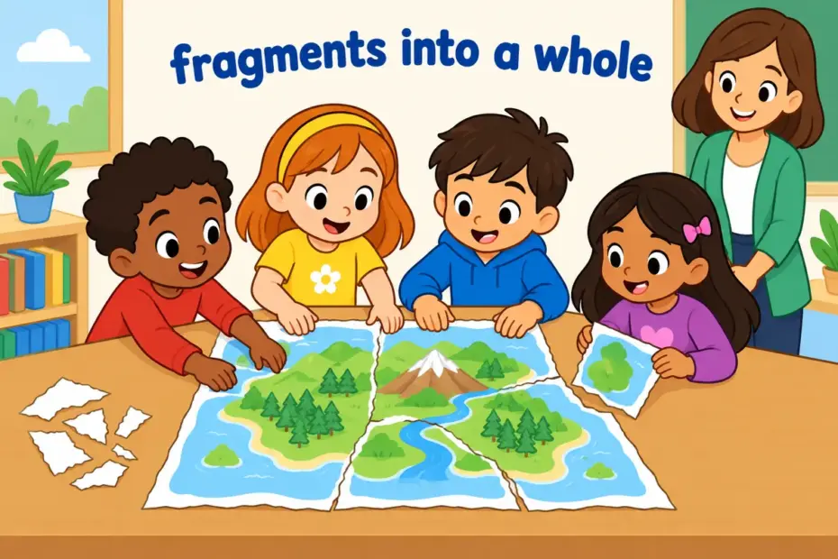 Cartoon children piece together a torn map in a sentence by fitting its fragments on a table.