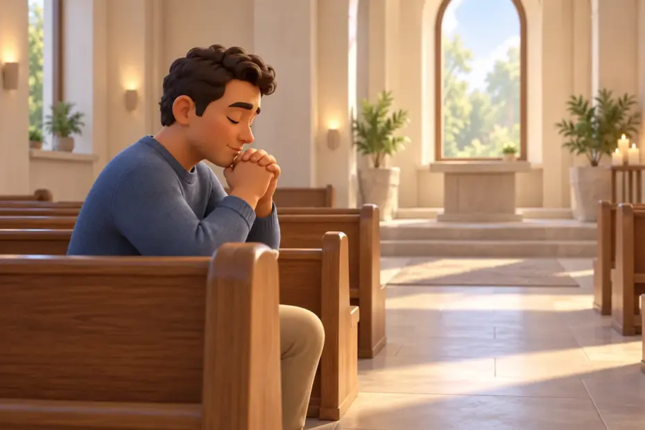 A person sits quietly in a simple place of worship for a moment of reflection and prayer.