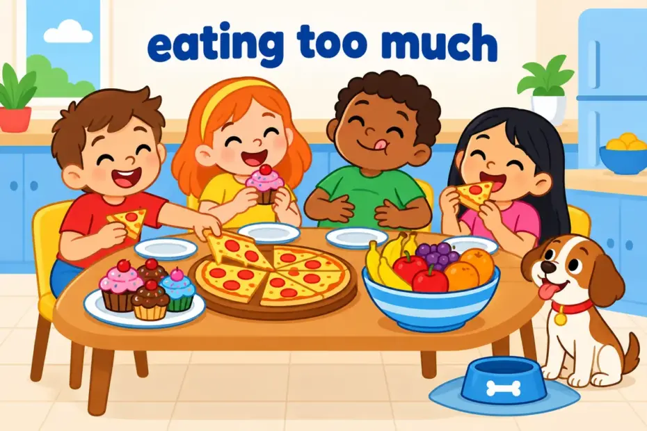 Cartoon children share a table piled with food, illustrating pig out in a sentence as eating too much for fun.
