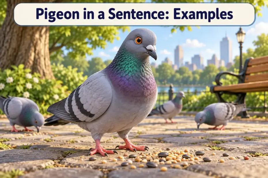 A gray Rock Pigeon with iridescent neck feathers stands in a sunny city park among other pigeons.