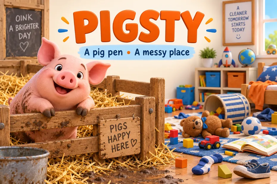Pigsty: a pig pen or a messy place.